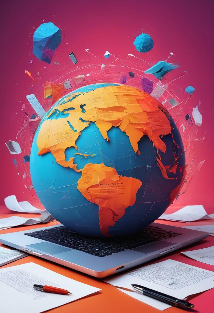 A dynamic, illustrative pathway winding through a vibrant digital landscape, with various blog elements like pens, laptop screens, and paper floating around. Include icons representing content creation (like a camera and a microphone) and publishing (like a globe and a publishing house). Envelop it with an abstract background of interconnecting lines and nodes symbolizing the blogosphere. ever-changing colors reflecting creativity and innovation. digital art. vibrant colors. 3D.