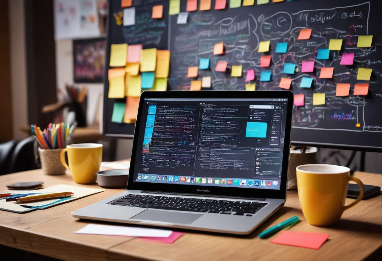 A vibrant workspace scene showcasing a diverse range of content creation tools, including laptops, notebooks, and digital tablets, surrounded by colorful sticky notes and coffee cups. In the background, a large chalkboard filled with creative ideas and mind maps. Add elements representing social media platforms and analytics graphs for an engaging atmosphere. bright colors. digital art.