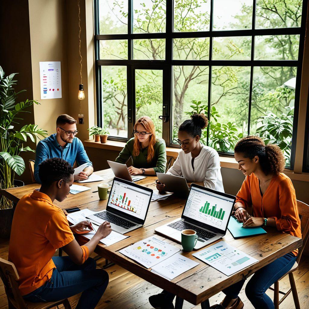 A vibrant digital illustration of a diverse group of people collaboratively working on laptops and tablets in a cozy café setting, surrounded by notes, sticky pads, and coffee cups. The background features a cozy community atmosphere with plants and large windows letting in natural light. Include visual elements like charts and graphs to represent effective content management. The scene should evoke a sense of collaboration and community. bright colors. vector art.